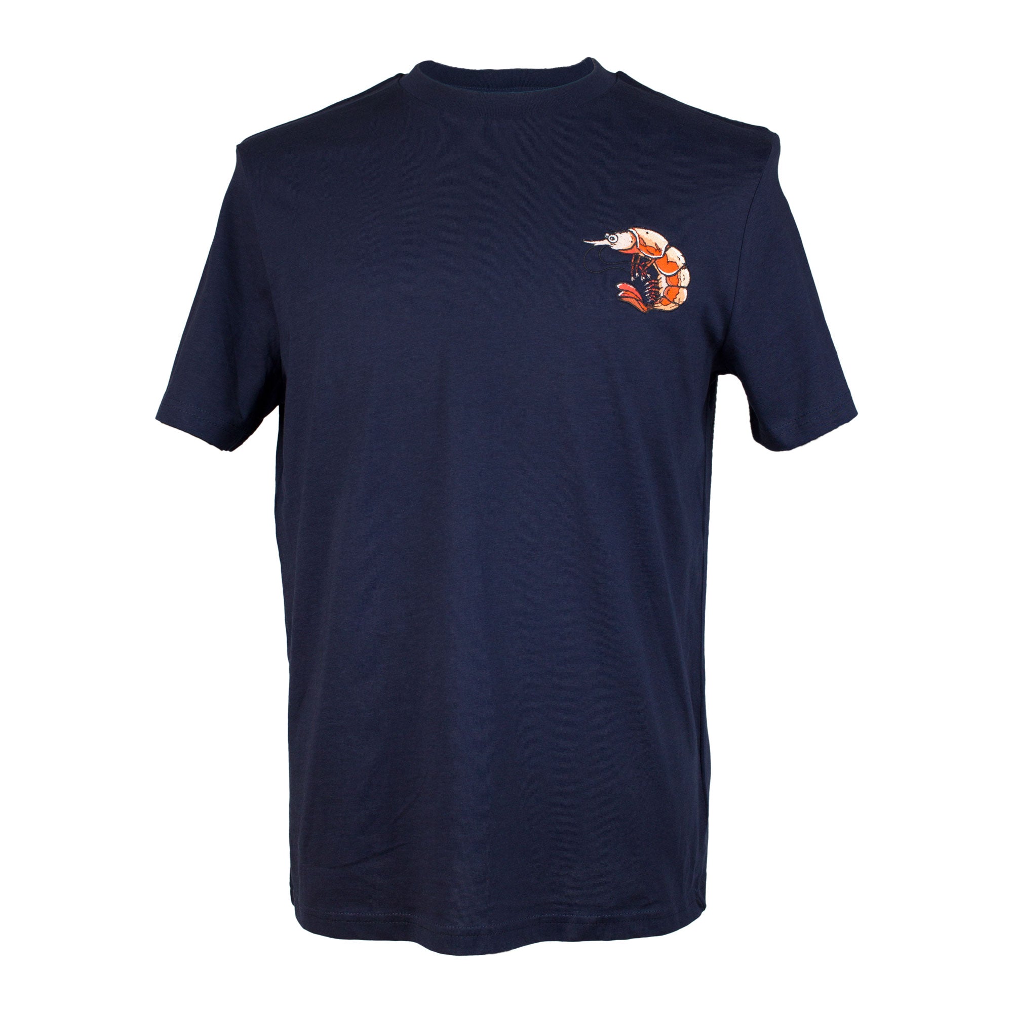 Navy T-Shirt with Shrimp embroidery by The Embroidery Crew