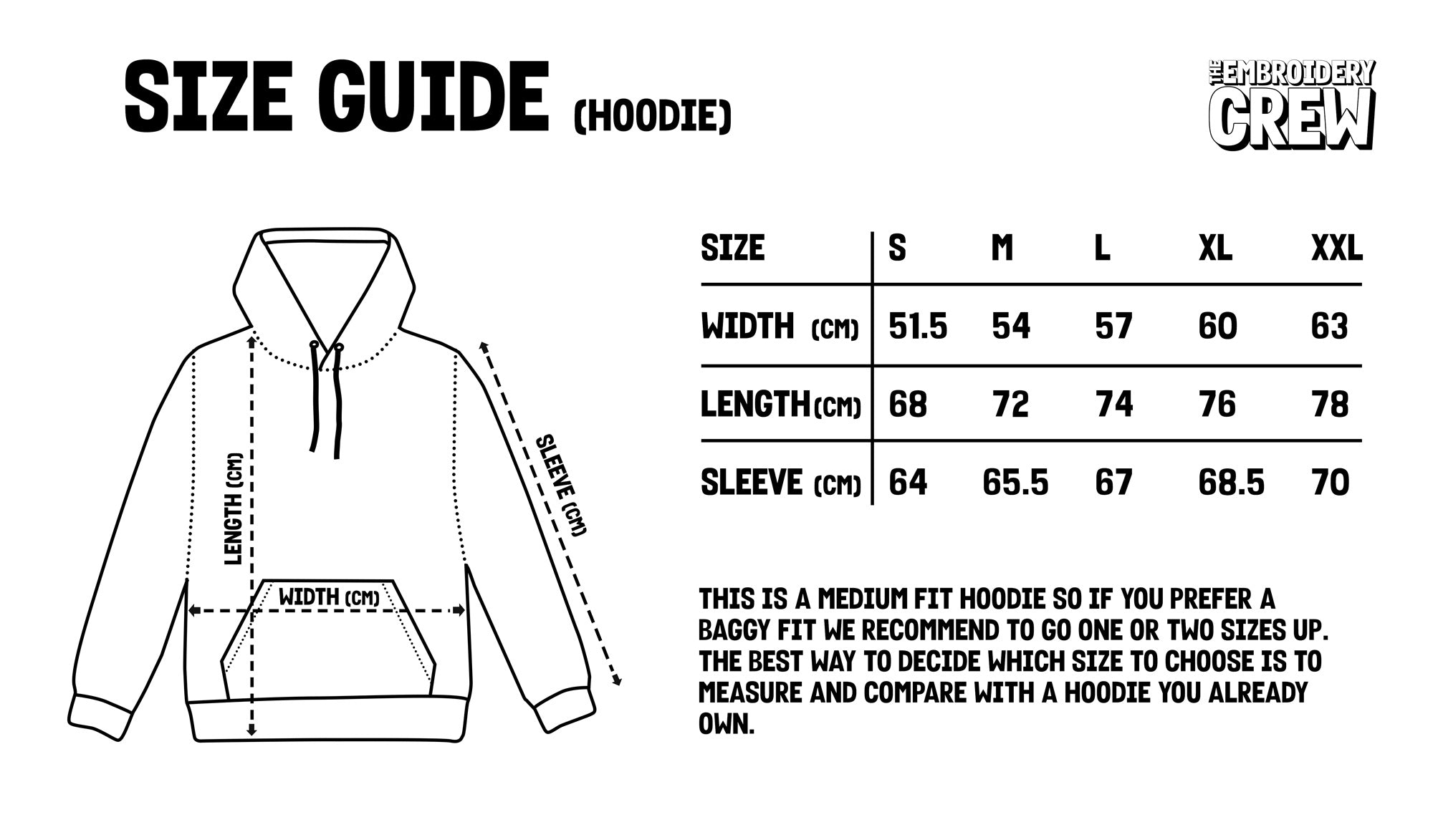 A size guide for hoodies with pictogram by The Embroidery Crew