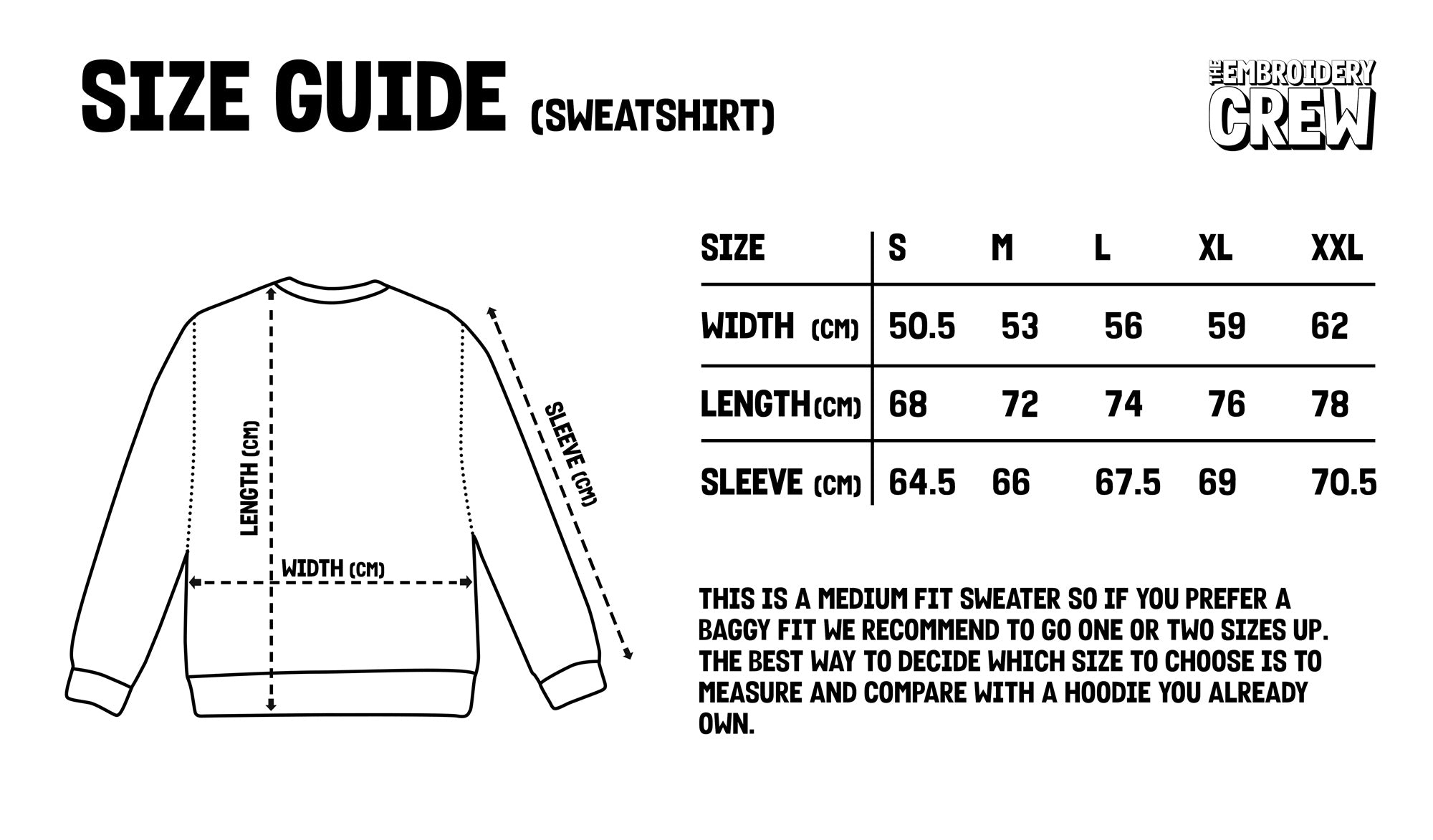 A written size guide for sweatshirts with pictogram by The Embroidery Crew