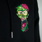 Black zipper hoodie with zombie embroidery close up 