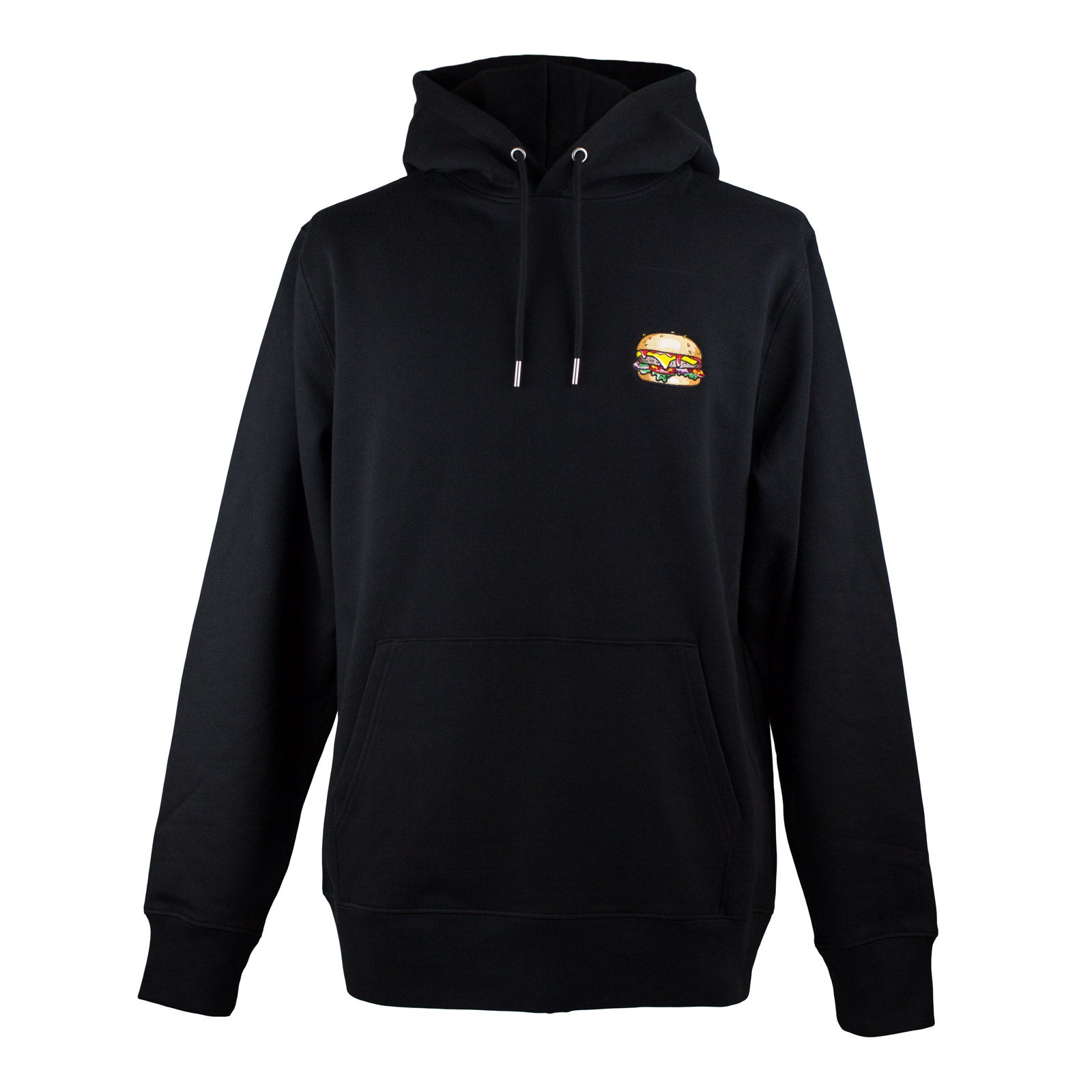 Black Hoodie with embroidered Burger design by The Embroidery Crew