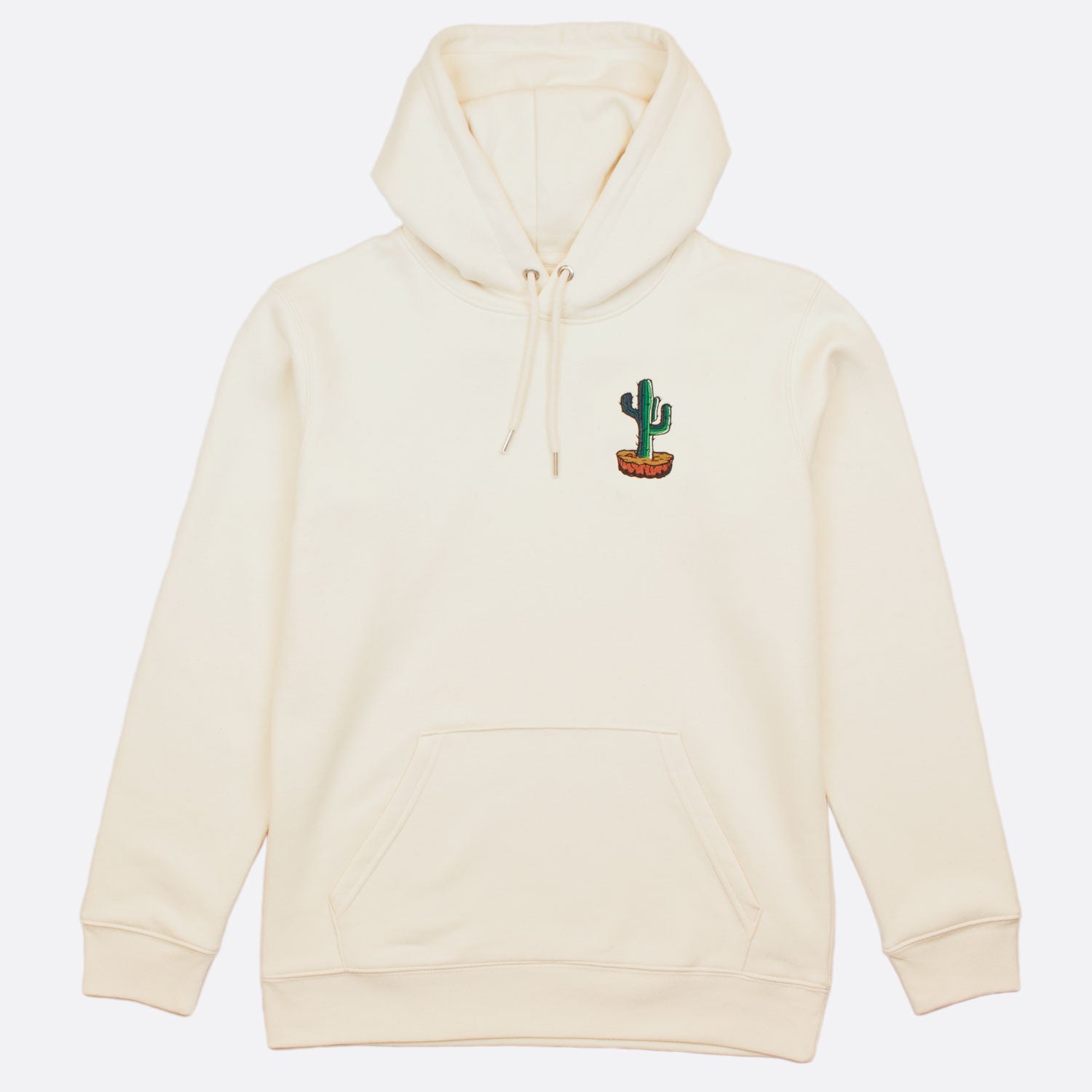 A natural off white colored hoodie with cactus embroidery