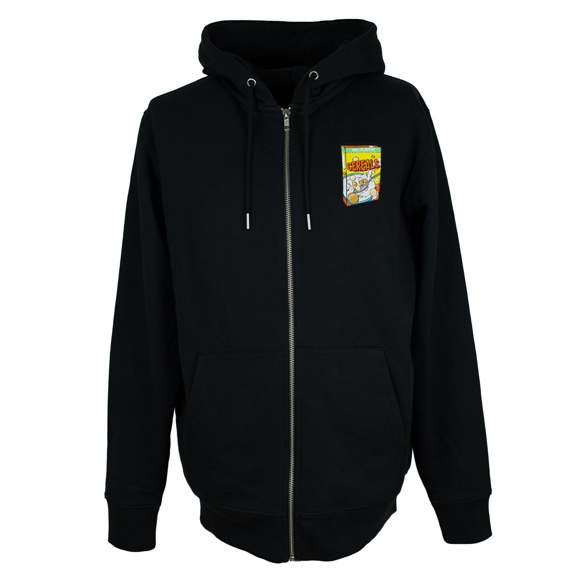 Black zip up hoodie with cereals embroidery