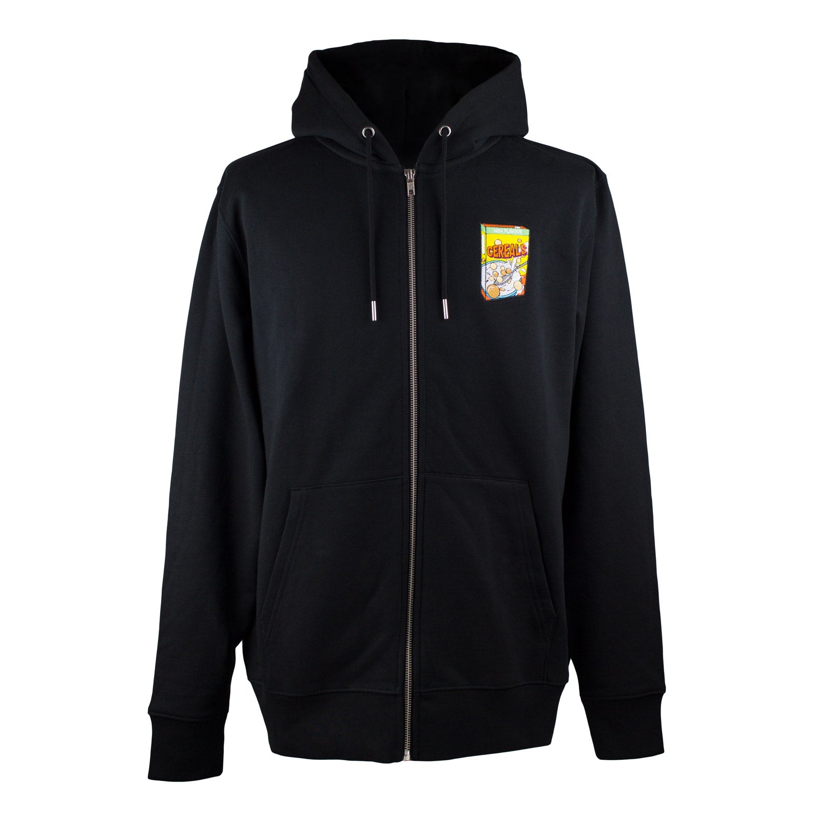Black Zip Up Hoodie with embroidered Cereals design by The Embroidery Crew