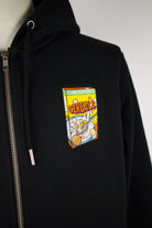Close up of embroidered cereals design on a black Zip Up Hoodie by The Embroidery Crew