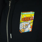 Black zip up hoodie with cereals embroidery close up