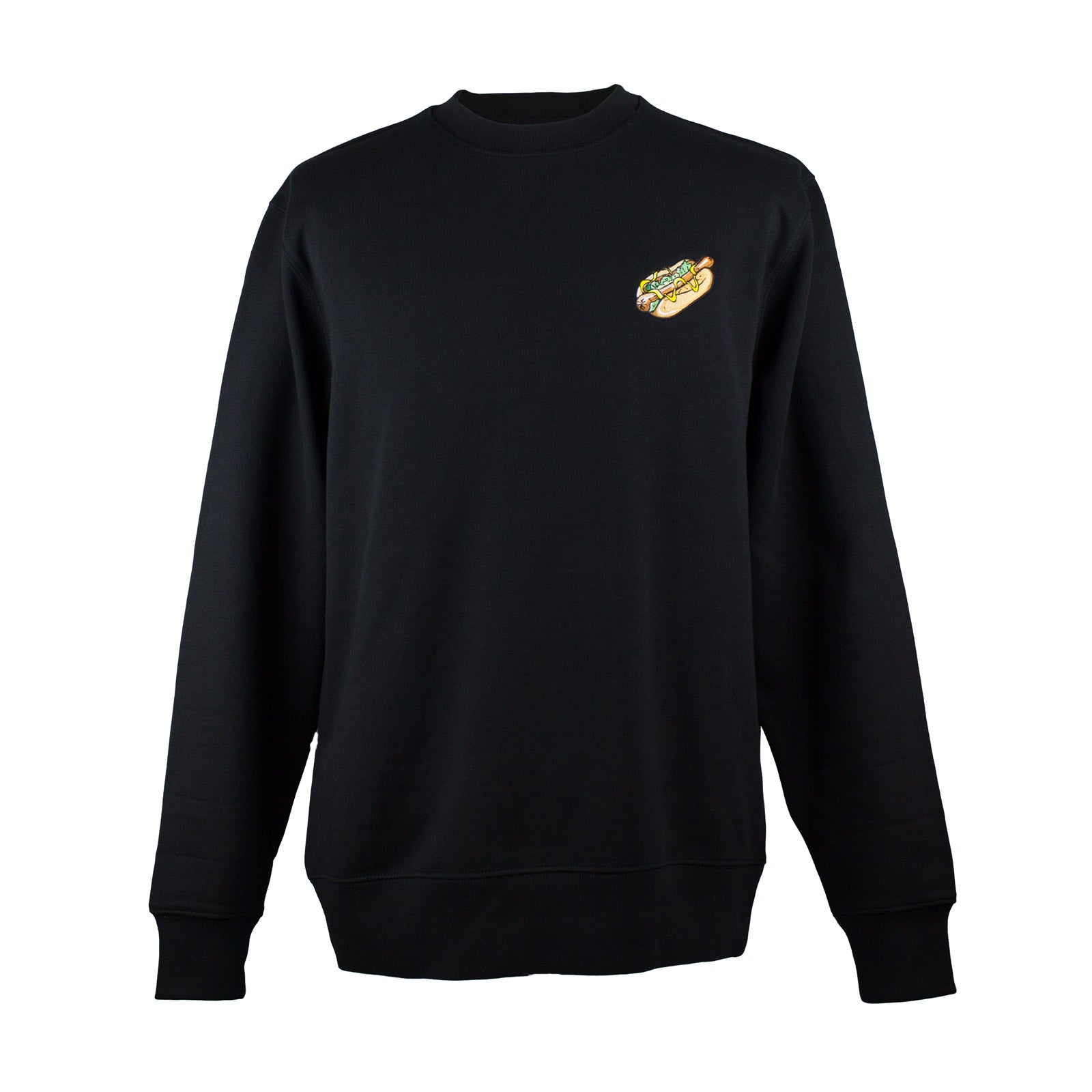 Black Sweatshirt with embroidered Hotdog design by The Embroidery Crew