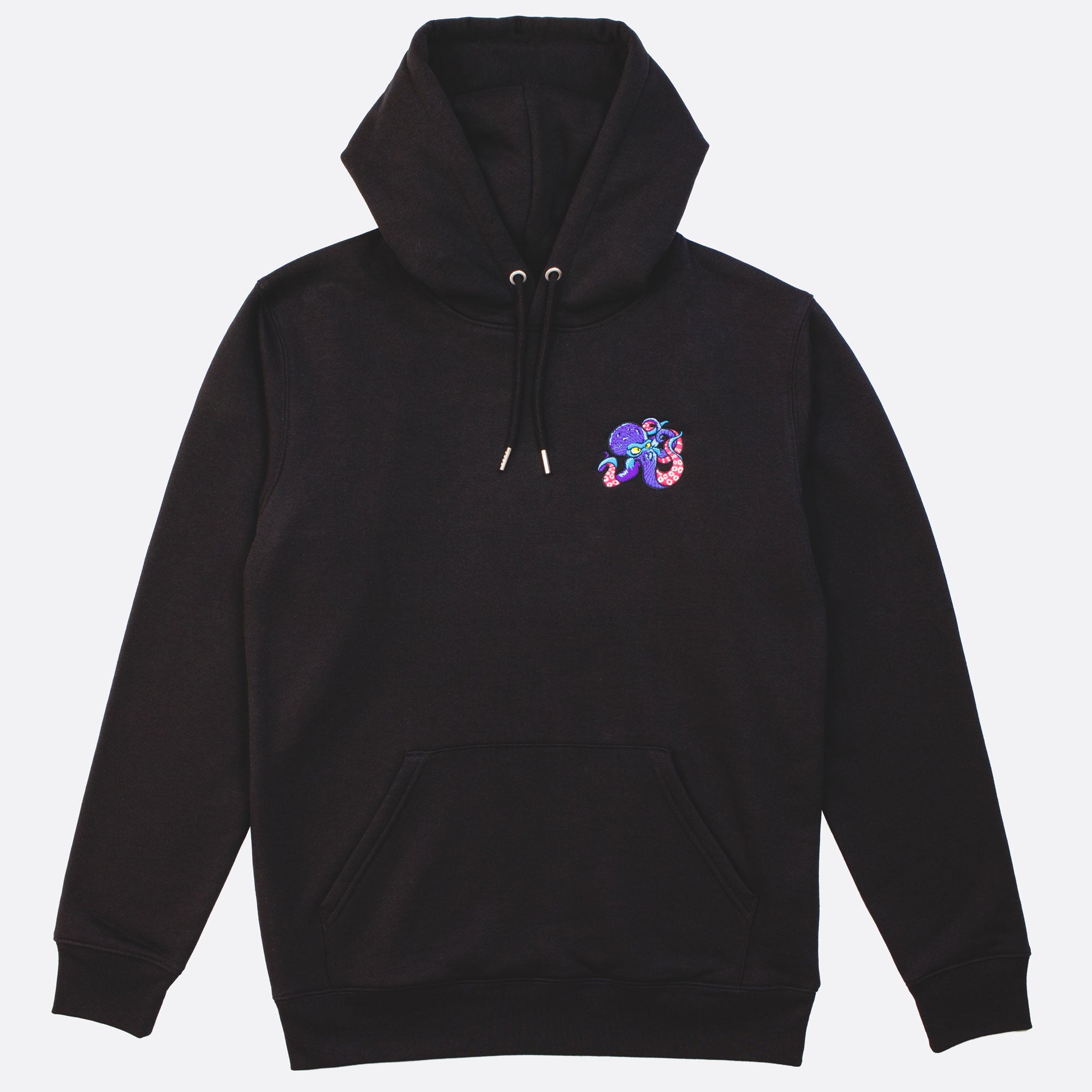 Octopus embroidery on a black hoodie with vibrant colours