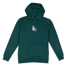 green hoodie with pigeon embroidery