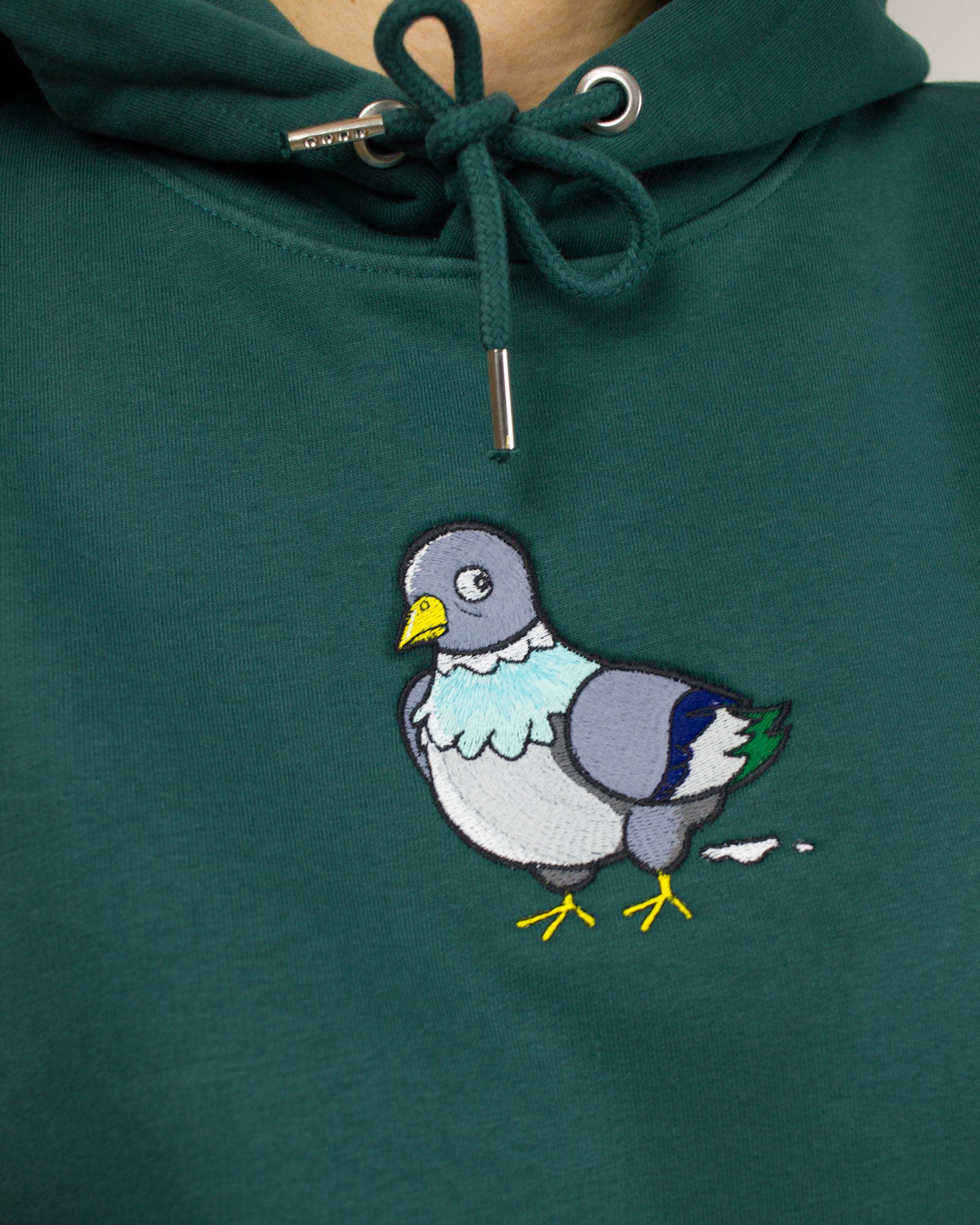 hoodie with pigeon embroidery, close up