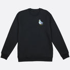 A black sweatshirt with pigeon embroidery