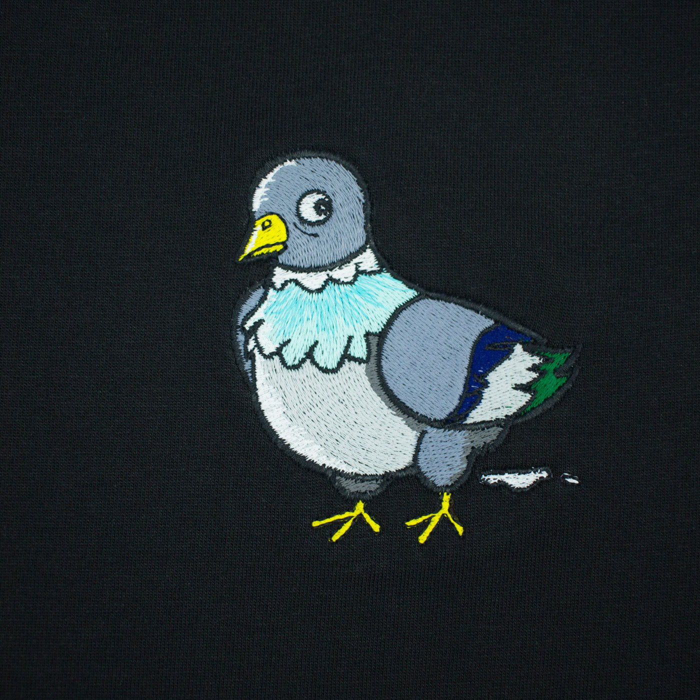 Black T-shirt with pigeon embroidery close up