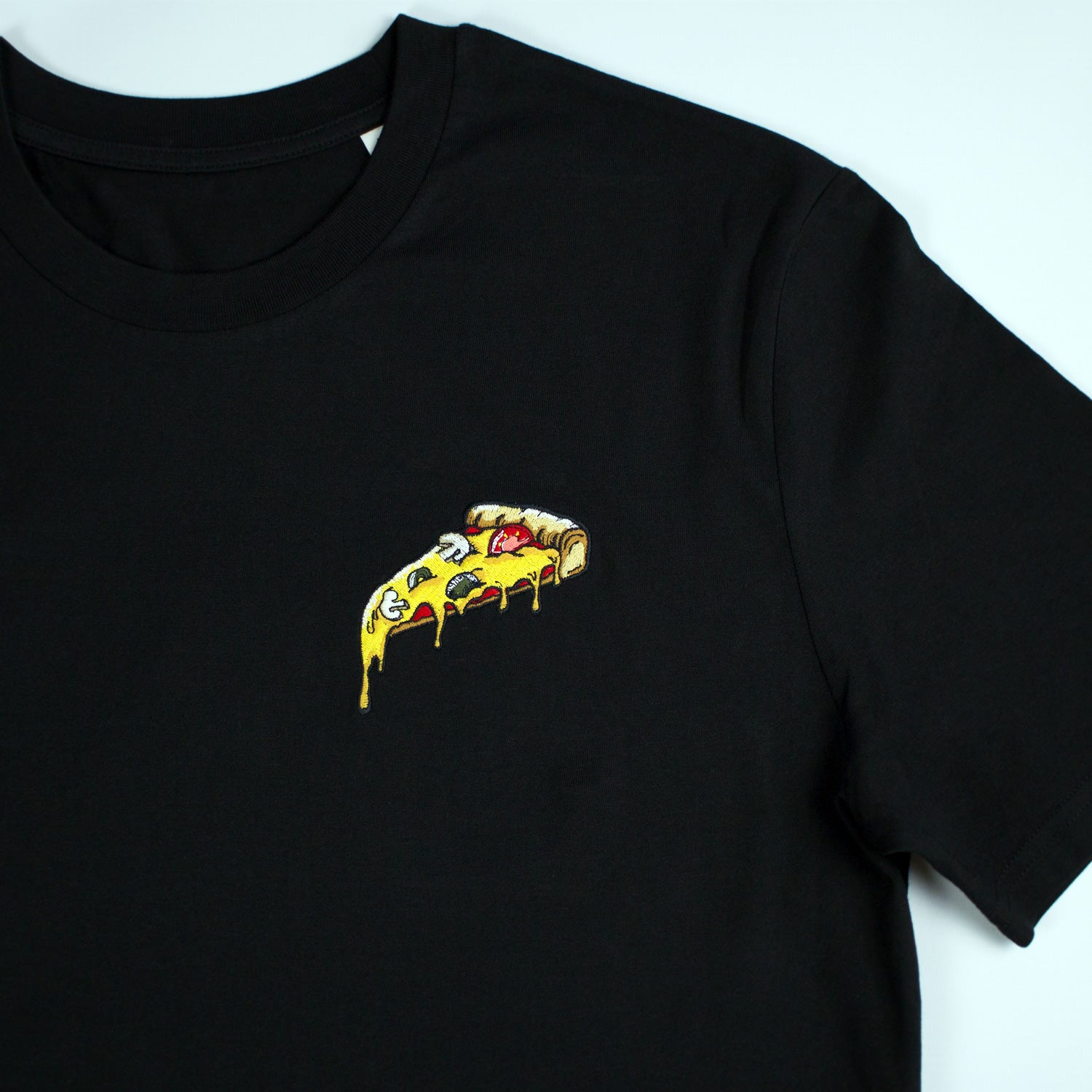 Black T-Shirt with Pizza Embroidery Close Up