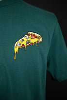 Close up of embroidered Pizza design on a green T-Shirt by The Embroidery Crew