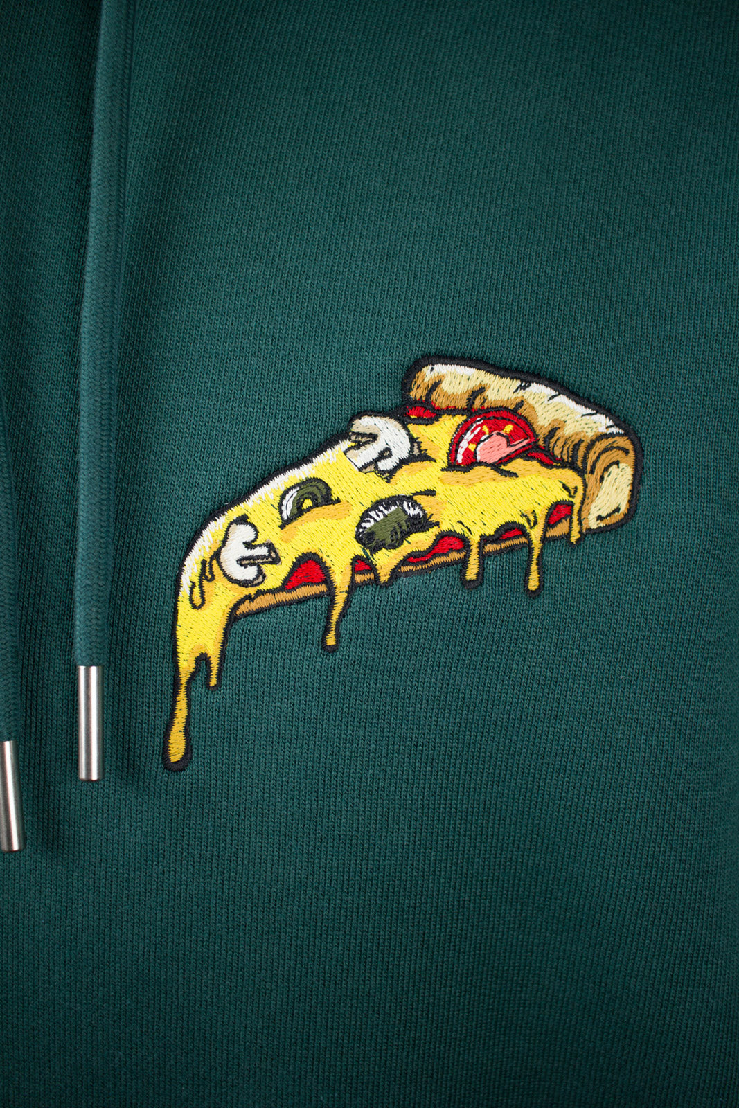 Close up of embroidered Pizza design on a green Hoodie by The Embroidery Crew