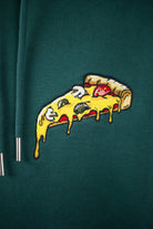 Close up of embroidered Pizza design on a green Hoodie by The Embroidery Crew