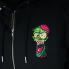 Black zipper hoodie with zombie embroidery close up